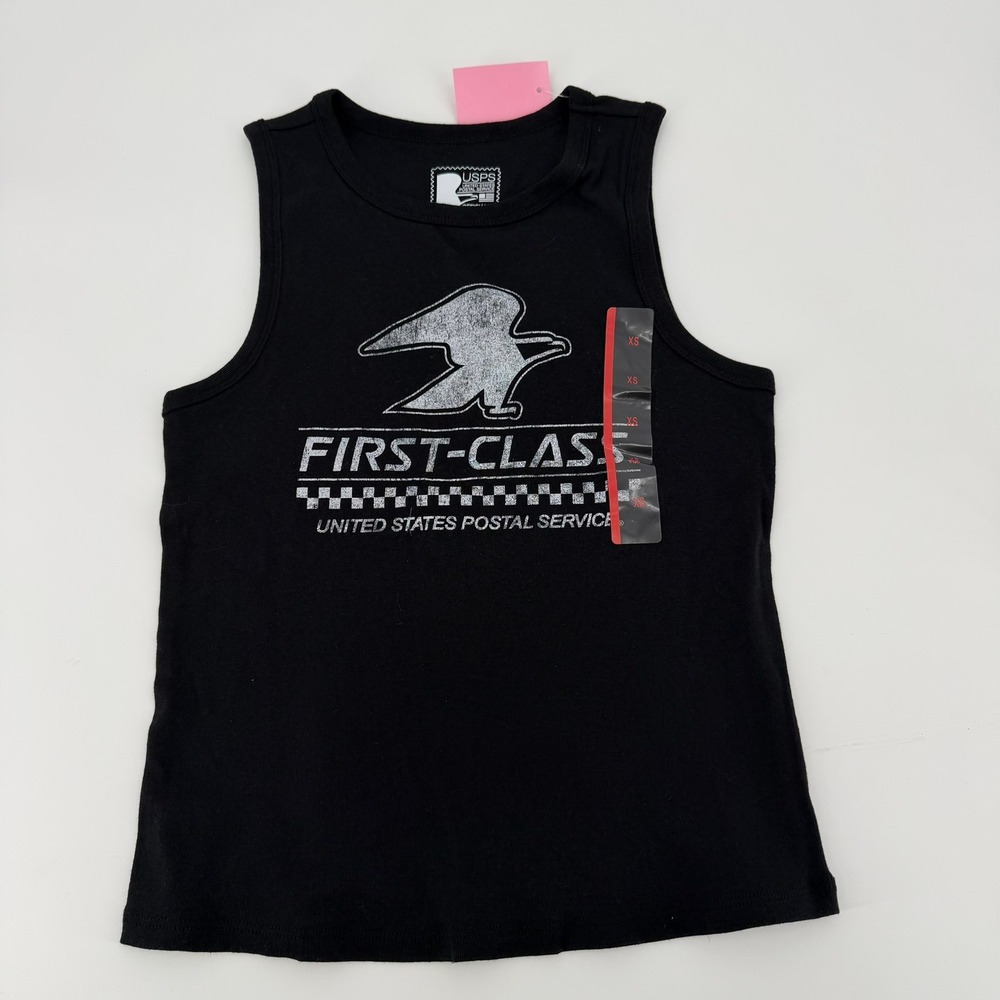 USPS Graphic Tank Top First Class Mail Modern Women Size XS Black Ribbed Shirt